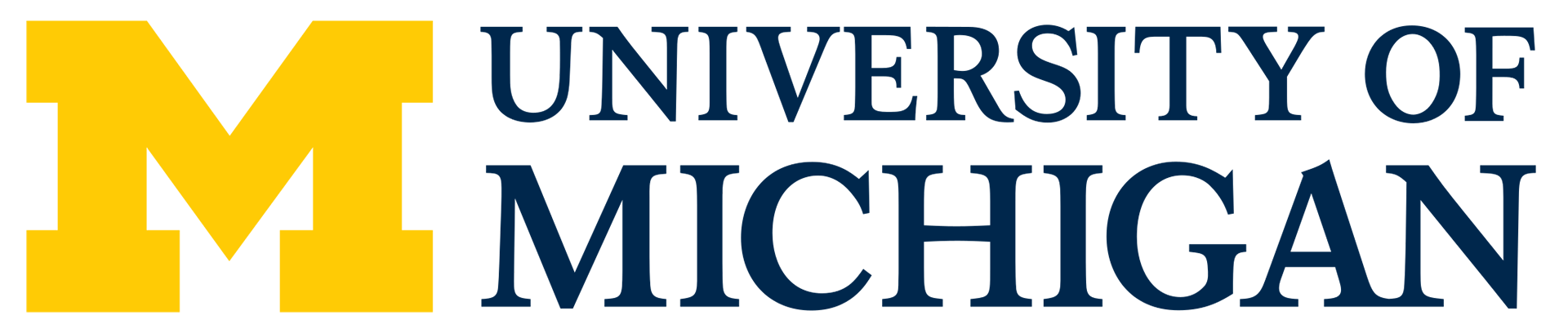 University of Michigan logo in blue block letters with large M in yellow on left of text.